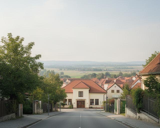 Ruhige Straße in Groß-Enzersdorf mit Redaktionsgebäude und Blick Richtung Wiener Umland