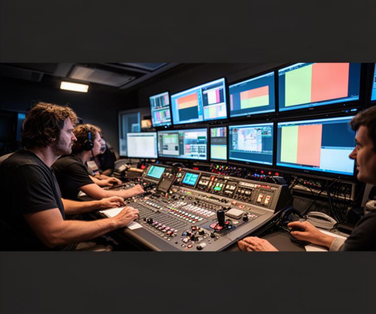 Fernsehregie mit Monitoren, Mischpult und konzentriertem Produktionsteam in Österreich