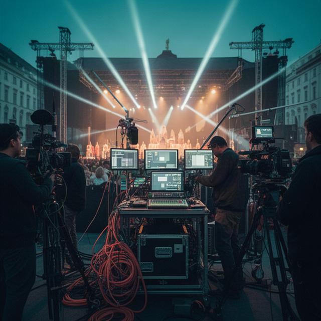 Mobile Übertragungsregie bei einer Kulturveranstaltung in Wien mit Kameras und Scheinwerfern