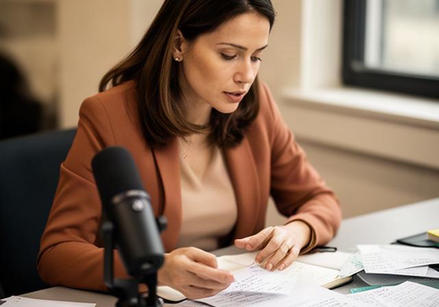 Eliza Nenadovic bei der Recherche an einem Redaktionstisch mit Notizen und Mikrofon